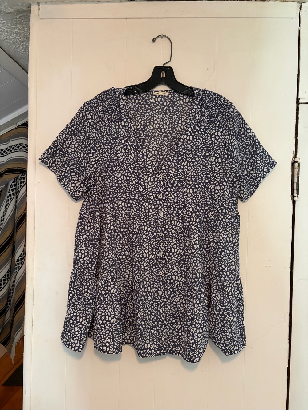 Maternity Navy Blue floral Print Short Sleeve flowy button up ruffled blouse